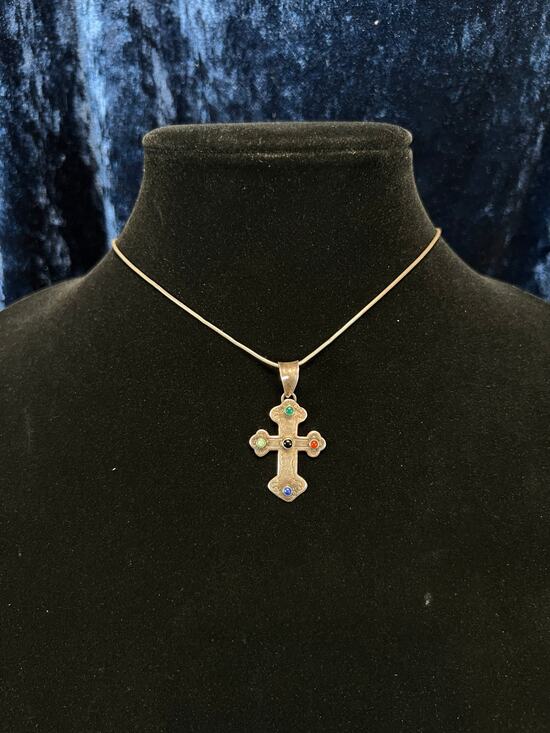 The Cat Vintage Jewelry - VTG Sterling Silver Cross Necklace Multicolor Cabochon Stone Crucifix Pendant